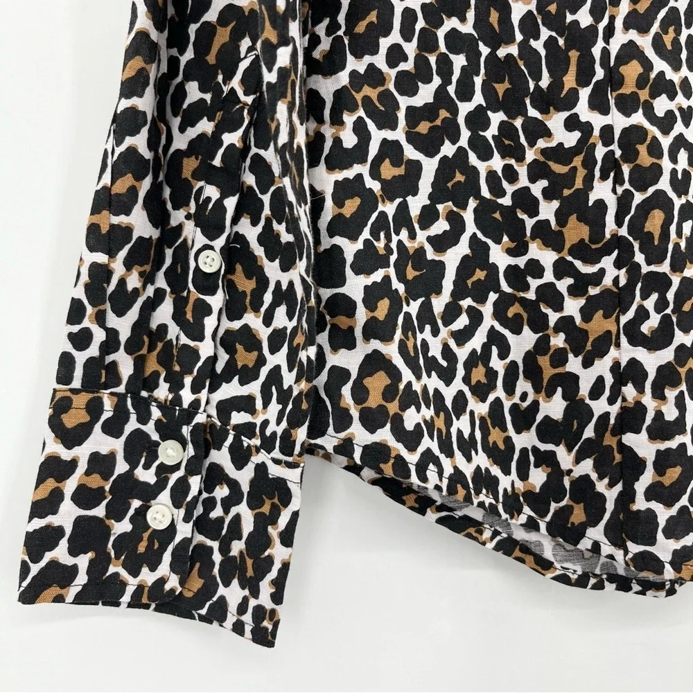 NWT J. Crew Linen Blend Leopard Print Slim-Fit Buttoned Shirt Blouse Top Size 8